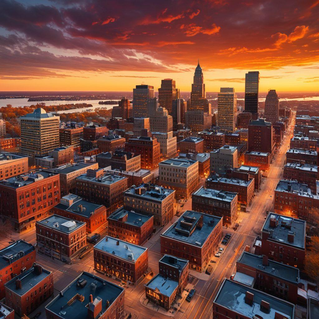 A captivating collage that showcases a vibrant urban landscape of Buffalo, blending iconic architecture with serene natural views. Include a mix of photographers capturing moments with their cameras, with portraits of diverse individuals framed within the scenery. The background should feature the stunning Buffalo skyline at sunset, transitioning into rolling landscapes. Use vivid colors and dynamic lighting to convey a sense of creativity and exploration. super-realistic. vibrant colors. cinematic flair.