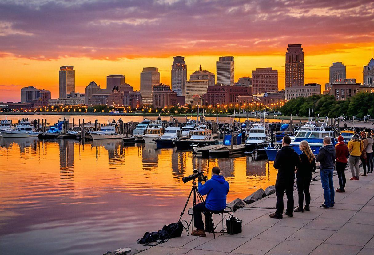 A picturesque view of Buffalo's iconic skyline at sunset, with a diverse group of photographers capturing vibrant moments. Include elements of local talent, like a street musician and artists at work, set against the backdrop of the waterfront. Emphasize the warmth of the golden hour lighting illuminating the scene. super-realistic. vibrant colors. soft focus.